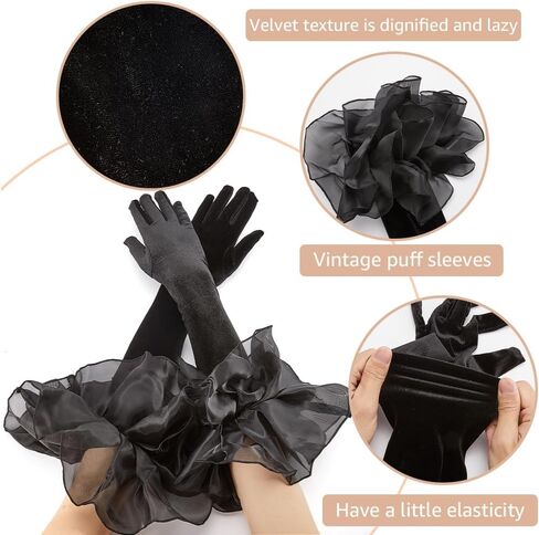 Black Satin Wedding Gloves Long Retro Formal Soft Velvet Stretchy Mittens with Sheer Tulle Ruffle pleated Cuff Over Elbow Glove for Adult Women Costume Bridal Evening Dress Halloween Cosplay in Saudi Arabia