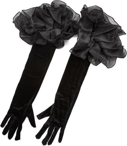 Black Satin Wedding Gloves Long Retro Formal Soft Velvet Stretchy Mittens with Sheer Tulle Ruffle pleated Cuff Over Elbow Glove for Adult Women Costume Bridal Evening Dress Halloween Cosplay in Saudi Arabia