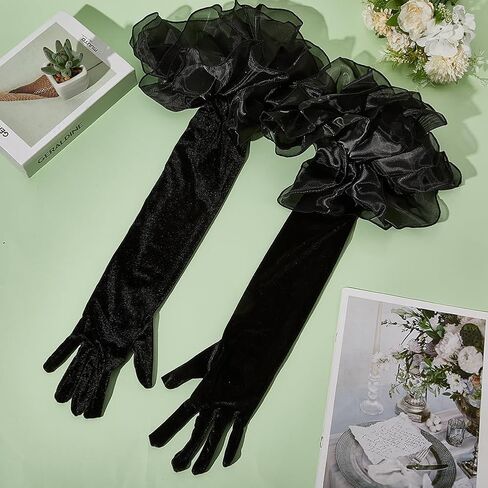 Black Satin Wedding Gloves Long Retro Formal Soft Velvet Stretchy Mittens with Sheer Tulle Ruffle pleated Cuff Over Elbow Glove for Adult Women Costume Bridal Evening Dress Halloween Cosplay in Saudi Arabia
