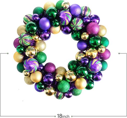 أكاليل Bibelot Mardi Gras للباب الأمامي، إكليل تزيين الكرات الملونة مقاس 18 بوصة، أكاليل Mardi Gras للحديقة الخارجية والباب الأمامي وديكور المزرعة (18 بوصة) in Saudi Arabia