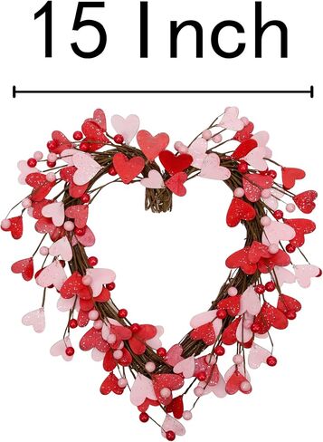 15 بوصة عيد الحب اكليلا للباب الأمامي اكاليل القلب الأحمر الوردي مع التوت عيد الحب زينة عيد الحب هدية عيد الحب للذكرى السنوية حفل زفاف جدار المنزل ديكور داخلي in Kuwait