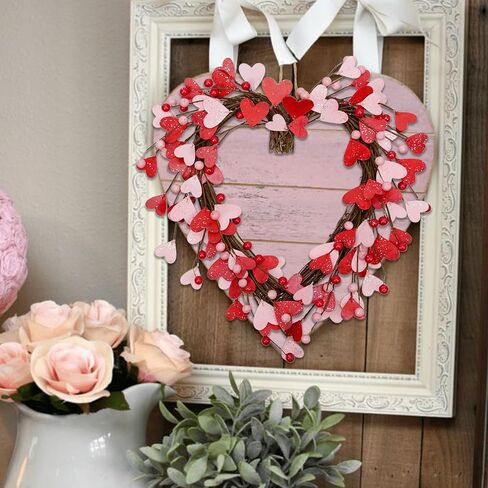 15 بوصة عيد الحب اكليلا للباب الأمامي اكاليل القلب الأحمر الوردي مع التوت عيد الحب زينة عيد الحب هدية عيد الحب للذكرى السنوية حفل زفاف جدار المنزل ديكور داخلي in Kuwait