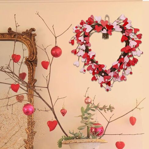 15 بوصة عيد الحب اكليلا للباب الأمامي اكاليل القلب الأحمر الوردي مع التوت عيد الحب زينة عيد الحب هدية عيد الحب للذكرى السنوية حفل زفاف جدار المنزل ديكور داخلي in Kuwait