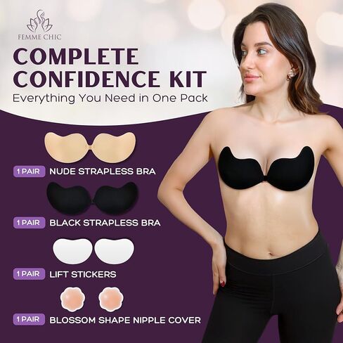 Strapless Bras for Women Sticky Push Up | Adhesive Backless Invisible Support with Lift Stickers & Nipple Covers in Saudi Arabia