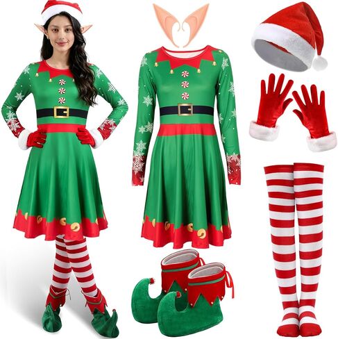 10 Pcs Christmas Elf Costumes for Women Christmas Elf Outfit Dress Shoes Accessories for Adult Holiday Cosplay in Saudi Arabia