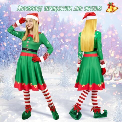 10 Pcs Christmas Elf Costumes for Women Christmas Elf Outfit Dress Shoes Accessories for Adult Holiday Cosplay in Saudi Arabia