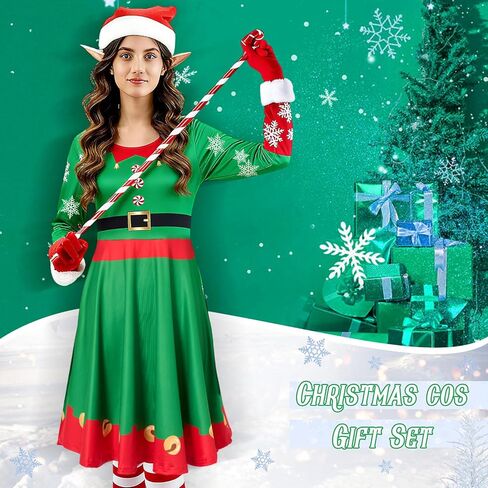10 Pcs Christmas Elf Costumes for Women Christmas Elf Outfit Dress Shoes Accessories for Adult Holiday Cosplay in Saudi Arabia