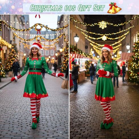 10 Pcs Christmas Elf Costumes for Women Christmas Elf Outfit Dress Shoes Accessories for Adult Holiday Cosplay in Saudi Arabia