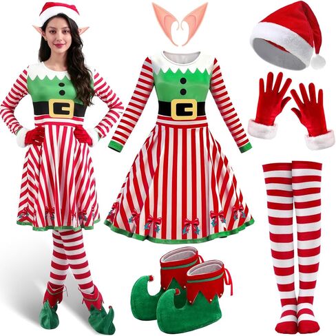 10 Pcs Christmas Elf Costumes for Women Christmas Elf Outfit Dress Shoes Accessories for Adult Holiday Cosplay in Saudi Arabia