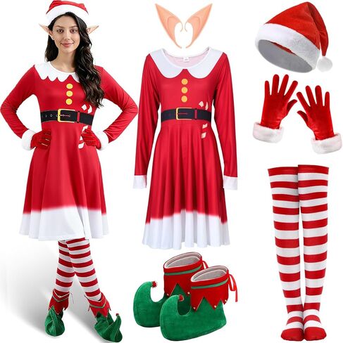 10 Pcs Christmas Elf Costumes for Women Christmas Elf Outfit Dress Shoes Accessories for Adult Holiday Cosplay in Saudi Arabia