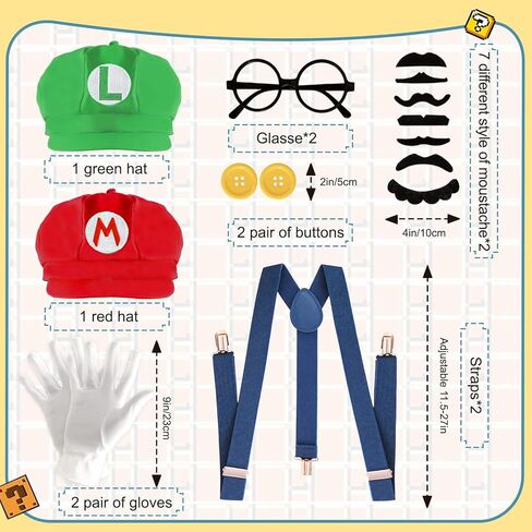 Super Bros Costume Kit with Hat, Mustaches, Suspenders, Gloves Buttons ang Glasses frame for Halloween, Cosplay and Christmas in Saudi Arabia