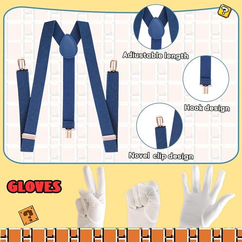 Super Bros Costume Kit with Hat, Mustaches, Suspenders, Gloves Buttons ang Glasses frame for Halloween, Cosplay and Christmas in Saudi Arabia