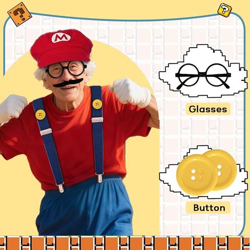 Super Bros Costume Kit with Hat, Mustaches, Suspenders, Gloves Buttons ang Glasses frame for Halloween, Cosplay and Christmas in Saudi Arabia