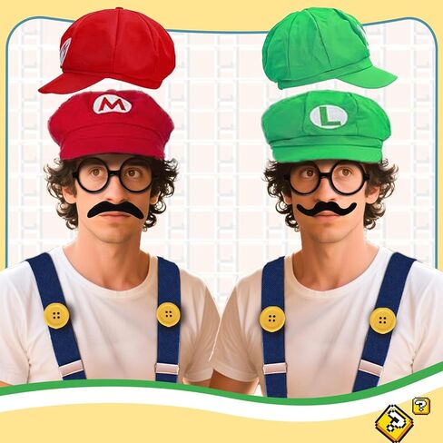 Super Bros Costume Kit with Hat, Mustaches, Suspenders, Gloves Buttons ang Glasses frame for Halloween, Cosplay and Christmas in Saudi Arabia