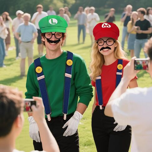 Super Bros Costume Kit with Hat, Mustaches, Suspenders, Gloves Buttons ang Glasses frame for Halloween, Cosplay and Christmas in Saudi Arabia