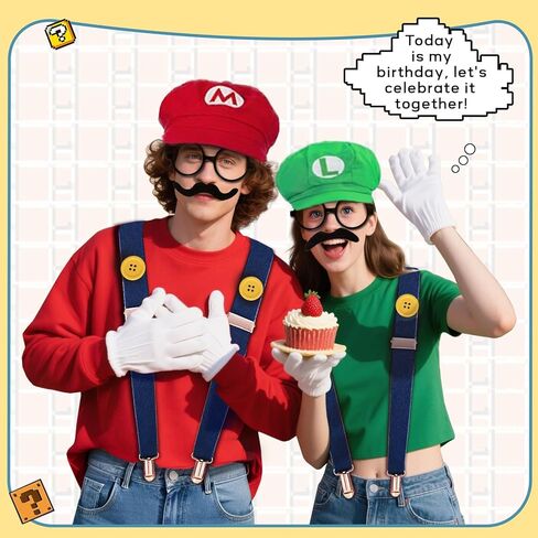 Super Bros Costume Kit with Hat, Mustaches, Suspenders, Gloves Buttons ang Glasses frame for Halloween, Cosplay and Christmas in Saudi Arabia