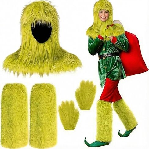 Shihanee 3 Pcs Green Big Christmas Furry Monster Costumes Lime Green Furry Gloves Mask Leg Warmer Monster Costumes Accessories for Xmas Party Gift Delivery Holiday Exchange Gift in Saudi Arabia