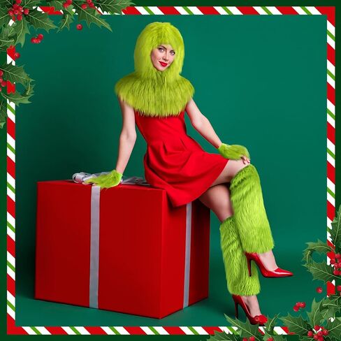 Shihanee 3 Pcs Green Big Christmas Furry Monster Costumes Lime Green Furry Gloves Mask Leg Warmer Monster Costumes Accessories for Xmas Party Gift Delivery Holiday Exchange Gift in Saudi Arabia