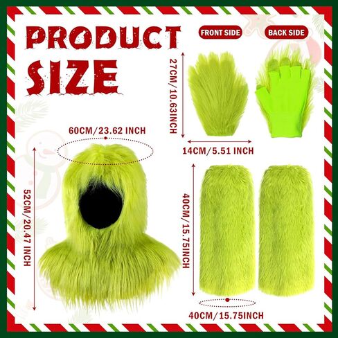 Shihanee 3 Pcs Green Big Christmas Furry Monster Costumes Lime Green Furry Gloves Mask Leg Warmer Monster Costumes Accessories for Xmas Party Gift Delivery Holiday Exchange Gift in Saudi Arabia