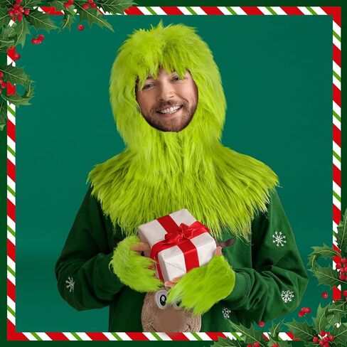Shihanee 3 Pcs Green Big Christmas Furry Monster Costumes Lime Green Furry Gloves Mask Leg Warmer Monster Costumes Accessories for Xmas Party Gift Delivery Holiday Exchange Gift in Saudi Arabia