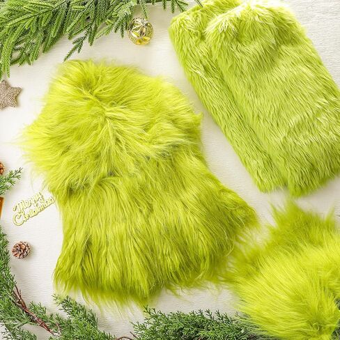 Shihanee 3 Pcs Green Big Christmas Furry Monster Costumes Lime Green Furry Gloves Mask Leg Warmer Monster Costumes Accessories for Xmas Party Gift Delivery Holiday Exchange Gift in Saudi Arabia