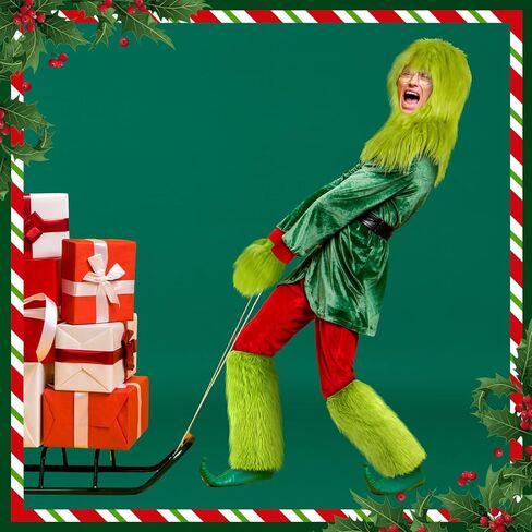 Shihanee 3 Pcs Green Big Christmas Furry Monster Costumes Lime Green Furry Gloves Mask Leg Warmer Monster Costumes Accessories for Xmas Party Gift Delivery Holiday Exchange Gift in Saudi Arabia
