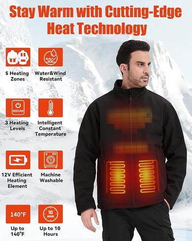 MIDIAN Heated Jacket for Men with 12V 15000mAh Battery, 3 Heating Levels 5 Heating Zones Waterproof Electric Heated Coat in Saudi Arabia