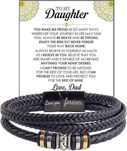 To My Daughter Bracelet, Black Braided Leather Beaded Engraved Love You Forever Promise Wristband Bracelets Personalized Inspirational Christmas Birthday Gift Jewelry in Saudi Arabia