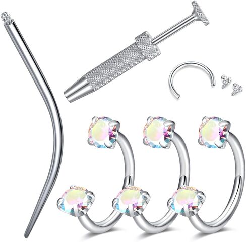 حلقات أنف على شكل حدوة حصان 18 جرام من LAURITAMI، حلقة أنف من الفولاذ الجراحي، ثقب أنف زركونيا مكعب أبيض، حلقات أنف مترابطة داخليًا للنساء، ممسك كروي ومدبب in Kuwait