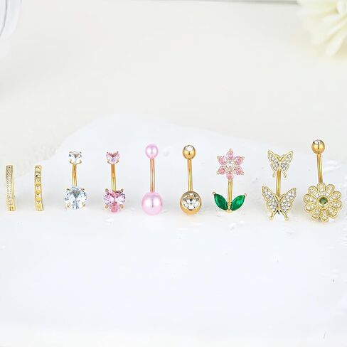 G&O JFU 9Pcs Gold Plated Silver Belly Button Ring Hypoallergenic Surgical Stainless Steel Belly Rings for Women 14G CZ Belly Button Piercing Jewelry Heart Butterfly Flower Pearl Navel Piercing Jewelry in Saudi Arabia