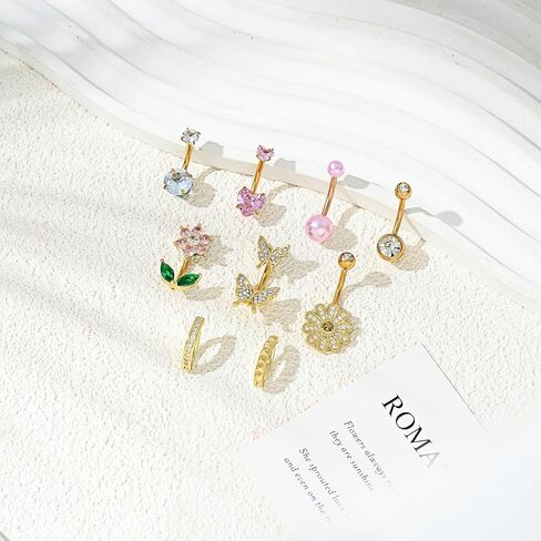 G&O JFU 9Pcs Gold Plated Silver Belly Button Ring Hypoallergenic Surgical Stainless Steel Belly Rings for Women 14G CZ Belly Button Piercing Jewelry Heart Butterfly Flower Pearl Navel Piercing Jewelry in Saudi Arabia