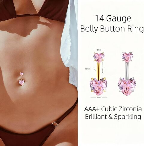 G&O JFU 9Pcs Gold Plated Silver Belly Button Ring Hypoallergenic Surgical Stainless Steel Belly Rings for Women 14G CZ Belly Button Piercing Jewelry Heart Butterfly Flower Pearl Navel Piercing Jewelry in Saudi Arabia