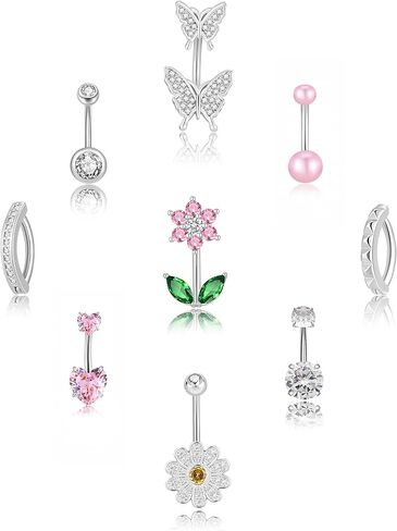 G&O JFU 9Pcs Gold Plated Silver Belly Button Ring Hypoallergenic Surgical Stainless Steel Belly Rings for Women 14G CZ Belly Button Piercing Jewelry Heart Butterfly Flower Pearl Navel Piercing Jewelry in Saudi Arabia