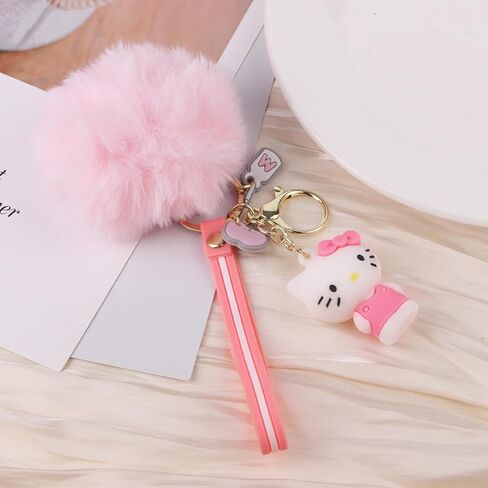 سلاسل مفاتيح لطيفة، هدية سلسلة مفاتيح مع كرة قطيفة، ملحقات سلسلة مفاتيح سلسلة مفاتيح كرتونية للمعصم، إكسسوار زينة لحقيبة يد نسائية، كاركي (4 عبوات) in Kuwait