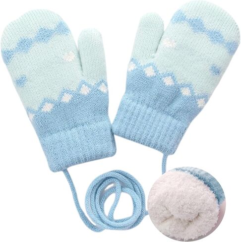 Toddler Warm Knit Mittens for Kids Girls Boys Winter Gloves Thick Fleece-Feel-Lined with Neck String in Cold Weather in Saudi Arabia