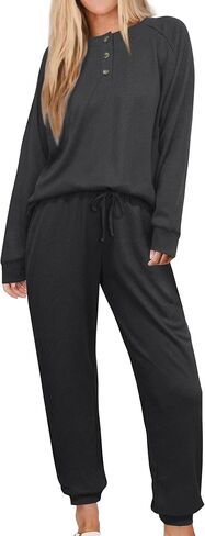 Andeip Womens Pajama Set Waffle Knit Lounge Set 2 Piece Long Sleeve Top and Pants Loungewear Pj Sets in Kuwait