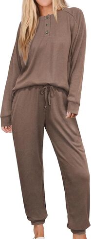 طقم بيجامة نسائي من Andeip طقم صالة منسوج من قطعتين بأكمام طويلة وسروال طقم ملابس للاستلقاء من Pj in Kuwait