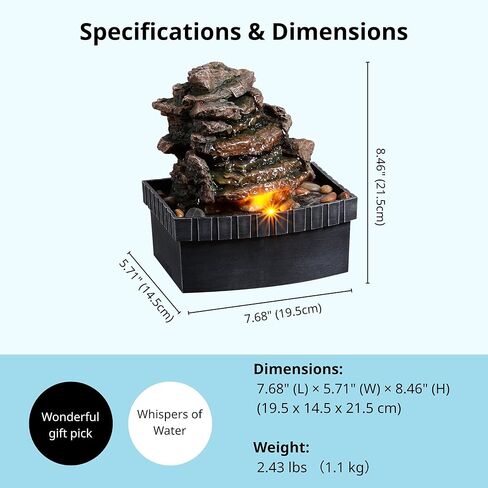 Decorative Indoor Table Rock Waterfall Fountain with LED Lights, Water Feature, Home Decor, Tabletop Relax with Flowing Water, Soothing Sounds, Zen Relaxation for Home or Office in Saudi Arabia