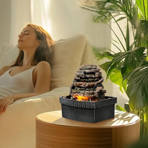 Decorative Indoor Table Rock Waterfall Fountain with LED Lights, Water Feature, Home Decor, Tabletop Relax with Flowing Water, Soothing Sounds, Zen Relaxation for Home or Office in Saudi Arabia