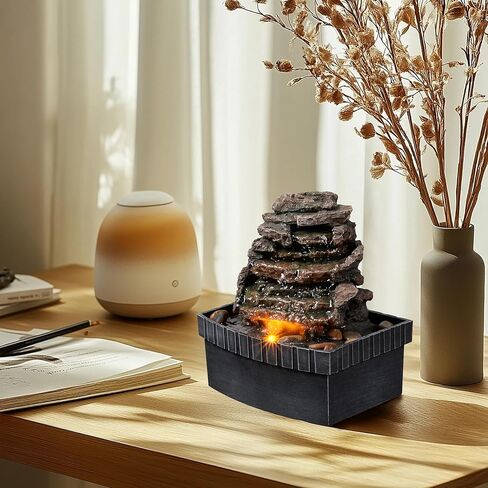 Decorative Indoor Table Rock Waterfall Fountain with LED Lights, Water Feature, Home Decor, Tabletop Relax with Flowing Water, Soothing Sounds, Zen Relaxation for Home or Office in Saudi Arabia