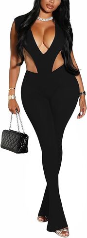 Kafiloe Women Sexy 2 Piece Outfits Clubwear V Neck Sleeveless Bodysuit Top Flare Pants Set Birthday Club Outfits in Kuwait