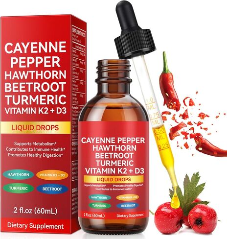 Cayenne Pepper Drops Supplement Liquid, Liquid Cayenne Pepper Drops Organic Extract, Hawthorn Berry, Vitamin K2 & D3 Beet Root Powder, Ceylon Cinnamon (2 Fl Oz (Pack of 1)) in Saudi Arabia