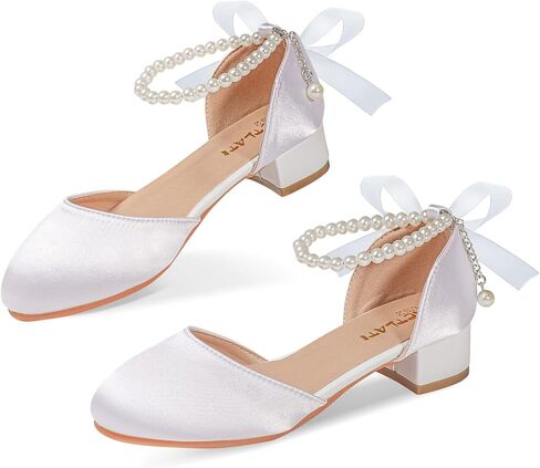 Flower Girls Dress Shoes,Girls Dress Shoes - Closed Toe Heels with Pearl Adjustable Strap for Parties and Schools in Kuwait