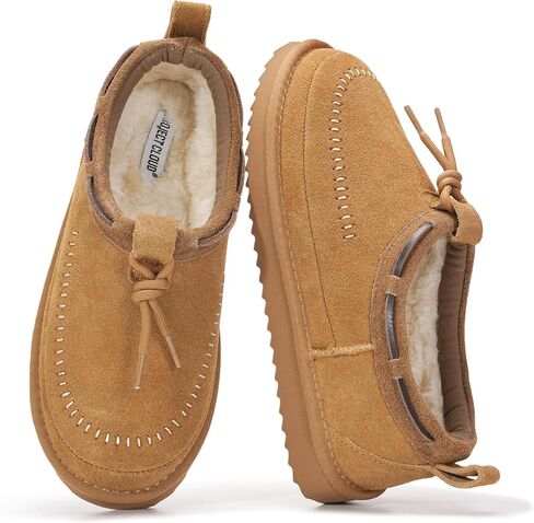 Project Cloud 100% Genuine Leather Slippers for Women – Plush Fleece Lining Moccassin Womens Slippers with Memory Foam Cushion – Indoor Outdoor Fuzzy Women Slip On Shoes (Timber) in Saudi Arabia