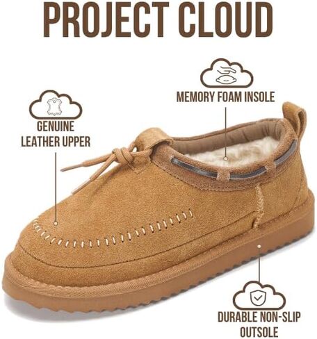 Project Cloud 100% Genuine Leather Slippers for Women – Plush Fleece Lining Moccassin Womens Slippers with Memory Foam Cushion – Indoor Outdoor Fuzzy Women Slip On Shoes (Timber) in Saudi Arabia
