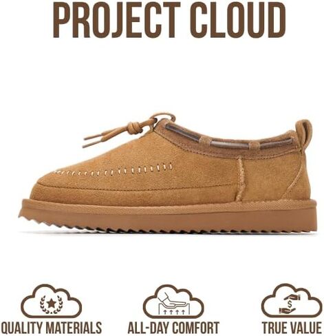 Project Cloud 100% Genuine Leather Slippers for Women – Plush Fleece Lining Moccassin Womens Slippers with Memory Foam Cushion – Indoor Outdoor Fuzzy Women Slip On Shoes (Timber) in Saudi Arabia