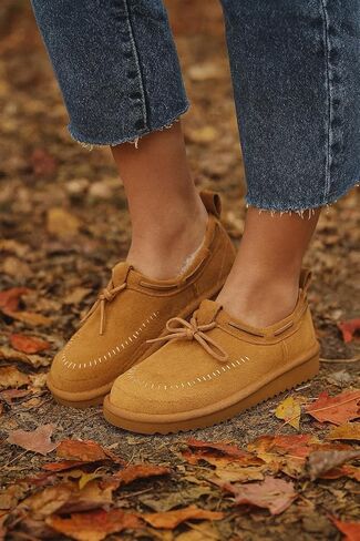 Project Cloud 100% Genuine Leather Slippers for Women – Plush Fleece Lining Moccassin Womens Slippers with Memory Foam Cushion – Indoor Outdoor Fuzzy Women Slip On Shoes (Timber) in Saudi Arabia