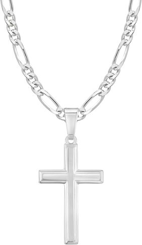 High Polished Solid Sterling Silver Cross Necklace with Figaro Chain For Men in Saudi Arabia