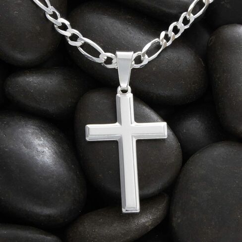 High Polished Solid Sterling Silver Cross Necklace with Figaro Chain For Men in Saudi Arabia