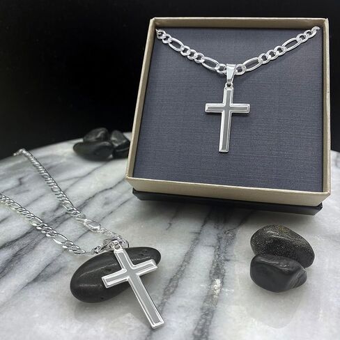 High Polished Solid Sterling Silver Cross Necklace with Figaro Chain For Men in Saudi Arabia